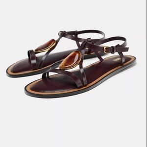 New ZARA Sandals with Metallic Aplique Flat Sandal Sz 9